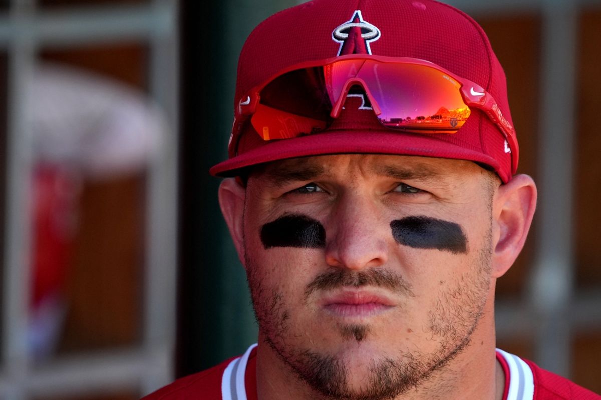 March 9, 2025; Tempe, Arizona, USA; Los Angeles Angels outfielder Mike Trout (27) gets ready for a game against the Cincinnati Reds at Tempe Diablo Stadium. Mandatory Credit: Rick Scuteri-Imagn Images