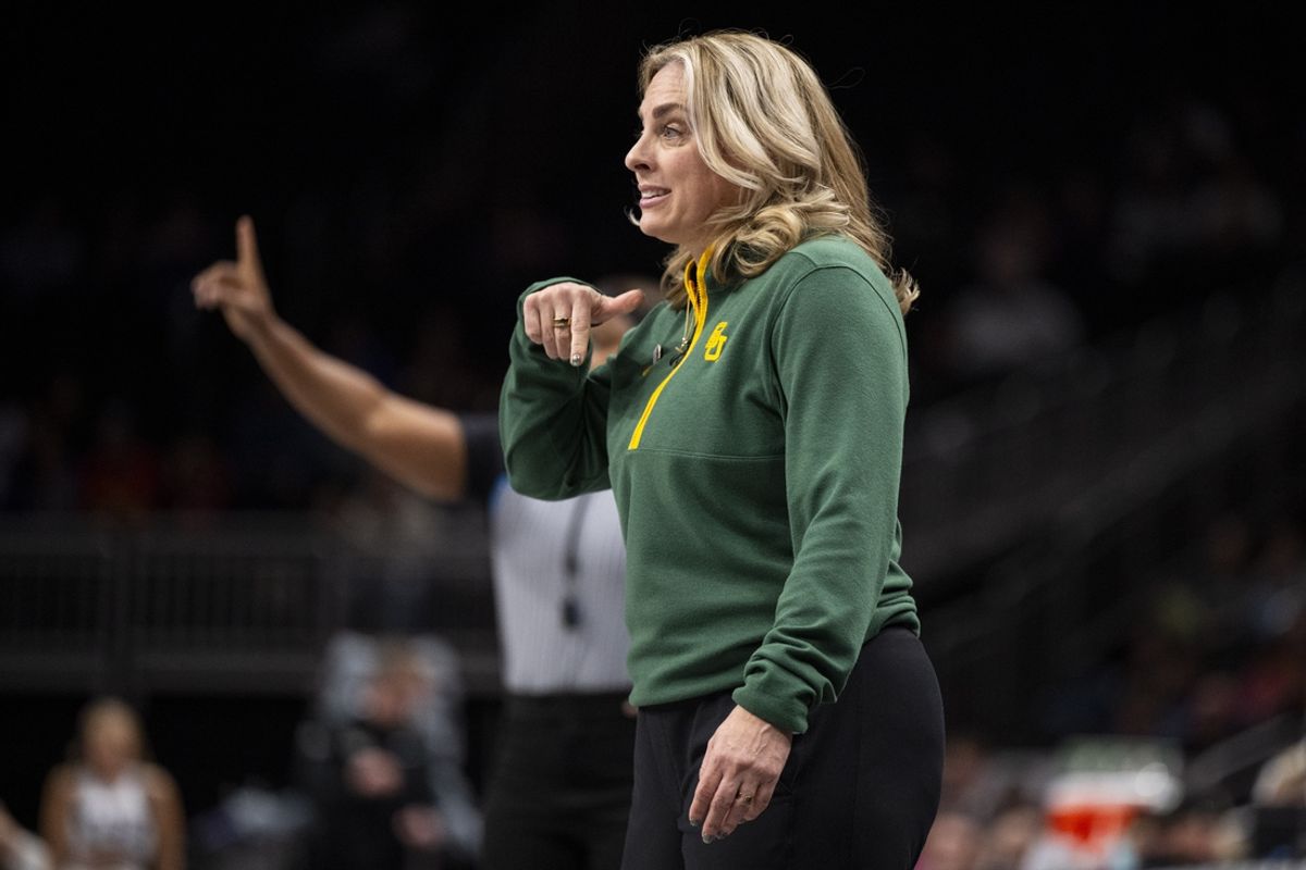Mar 9, 2025; Kansas City, MO, USA; Baylor Lady Bears head coach Nicki Collen looks on during the first half against the TCU Horned Frogs at T-Mobile Center. Mandatory Credit: Amy Kontras-Imagn Images