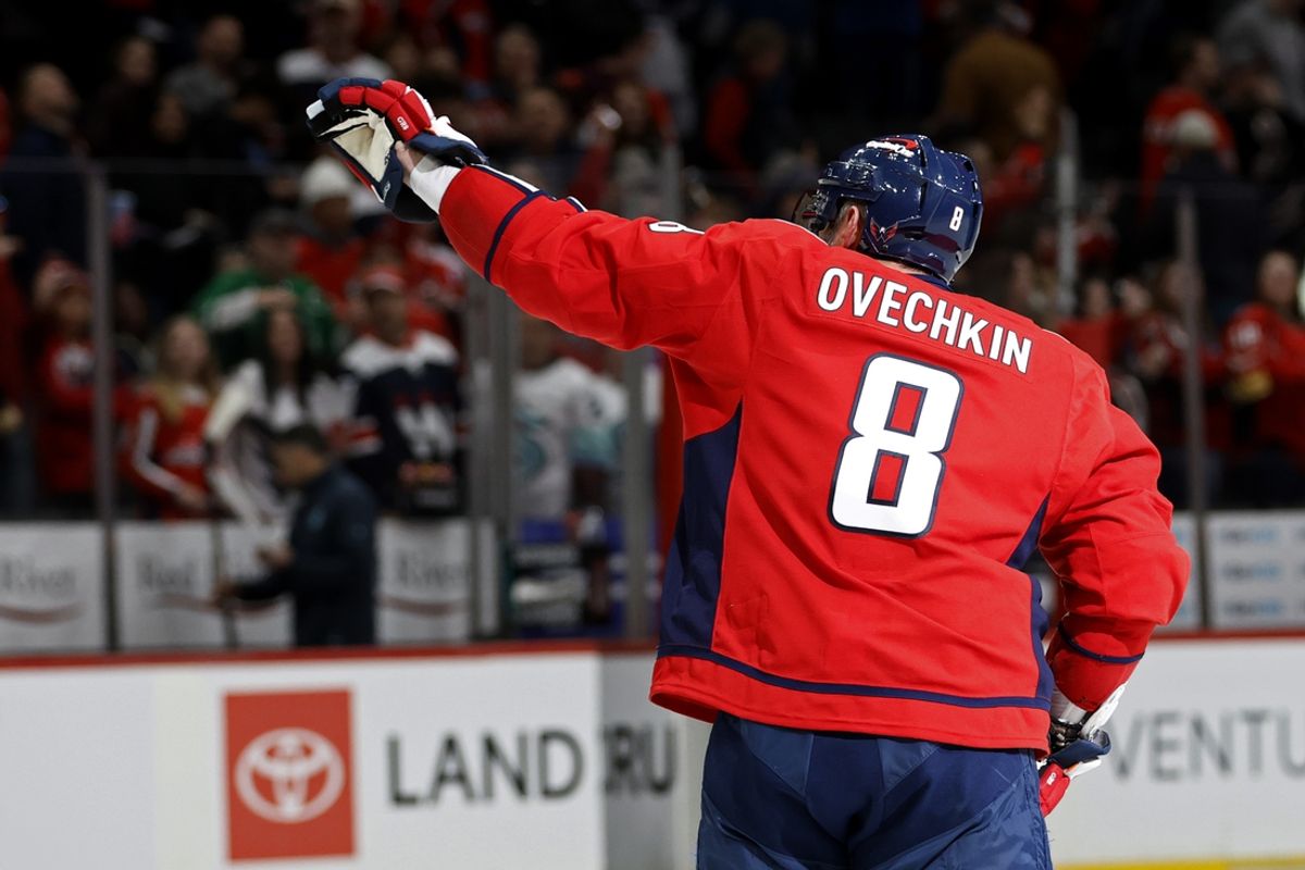 Mar 9, 2025; Washington, District of Columbia, USA; Washington Capitals left wing Alex Ovechkin (8) waves towards the stands while leaving the ice after the Capitals' game against the Seattle Kraken at Capital One Arena. Mandatory Credit: Geoff Burke-Imagn Images