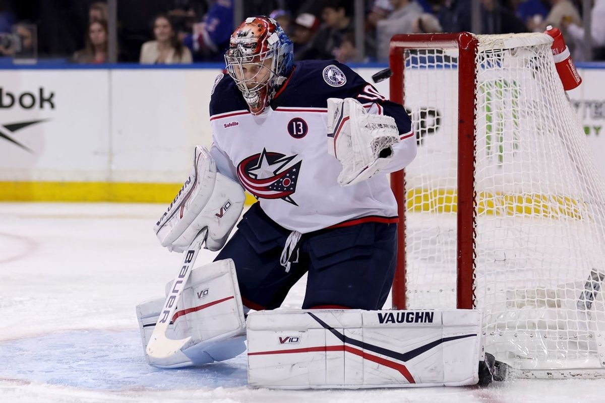 Mar 9, 2025; New York, New York, USA; Columbus Blue Jackets goaltender Daniil Tarasov (40) makes a save against the New York Rangers during the second period at Madison Square Garden. Mandatory Credit: Brad Penner-Imagn Images