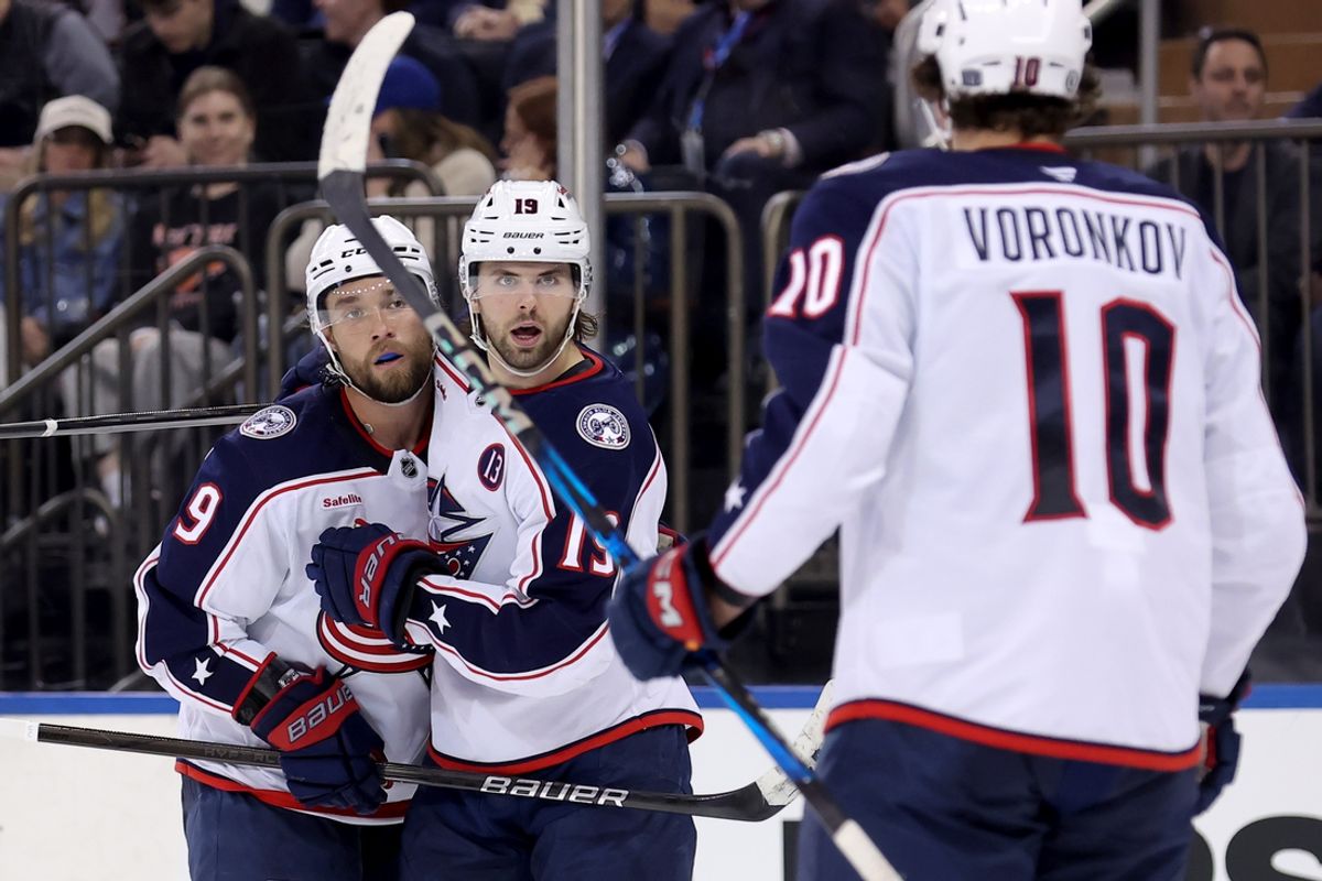 Mar 9, 2025; New York, New York, USA; Columbus Blue Jackets center Adam Fantilli (19) celebrates his hat trick against the New York Rangers with defenseman Ivan Provorov (9) and left wing Dmitri Voronkov (10) during the third period at Madison Square Garden. Mandatory Credit: Brad Penner-Imagn Images