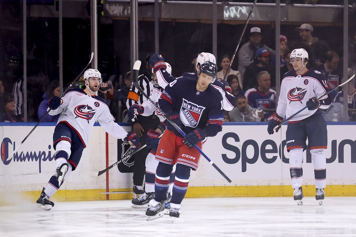 Mar 9, 2025; New York, New York, USA; Columbus Blue Jackets center Adam Fantilli (19) celebrates his goal against the New York Rangers with teammates during the second period at Madison Square Garden. Mandatory Credit: Brad Penner-Imagn Images