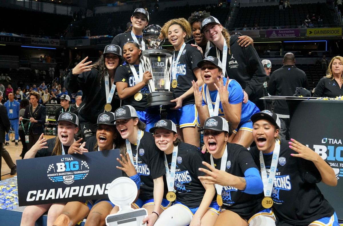 UCLA Bruins players celebrate after defeating the USC Trojans during the 2025 TIAA Big Ten Women's Basketball Tournament final on Sunday, March 9, 2025, at Gainbridge Fieldhouse in Indianapolis. UCLA defeated USC 72-67.