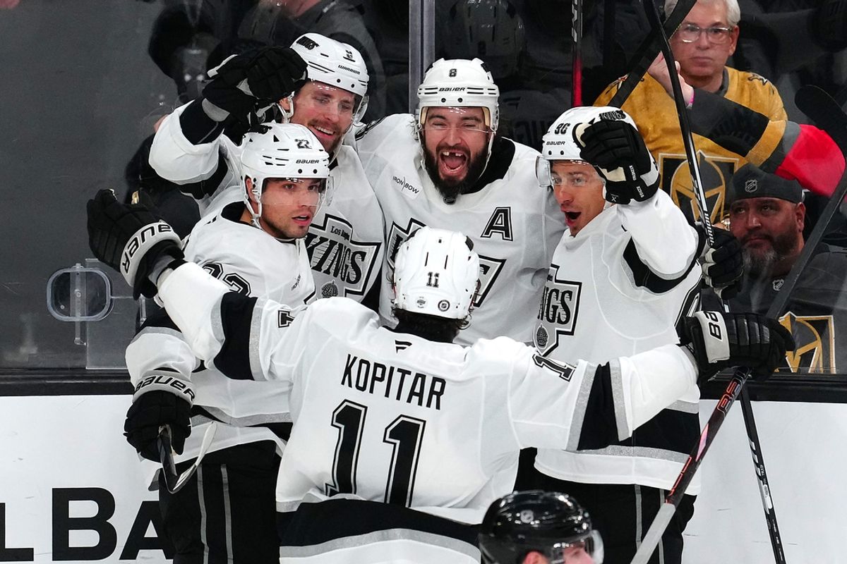 Mar 9, 2025; Las Vegas, Nevada, USA; Los Angeles Kings right wing Adrian Kempe (9) celebrates with team mates after scoring a power play goal against the Vegas Golden Knights during the third period at T-Mobile Arena. Mandatory Credit: Stephen R. Sylvanie-Imagn Images