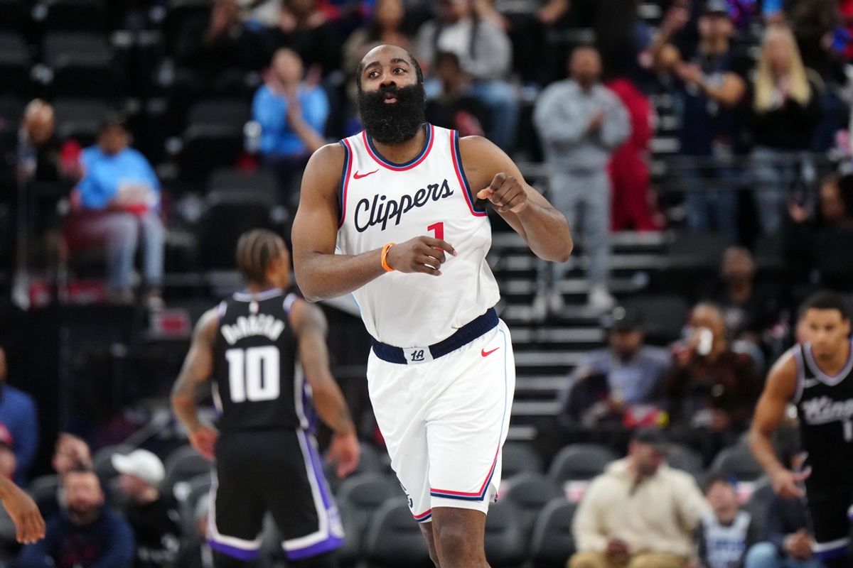 Mar 9, 2025; Inglewood, California, USA; LA Clippers guard James Harden (1) gestures against the Sacramento Kings in the second half at Intuit Dome. Mandatory Credit: Kirby Lee-Imagn Images