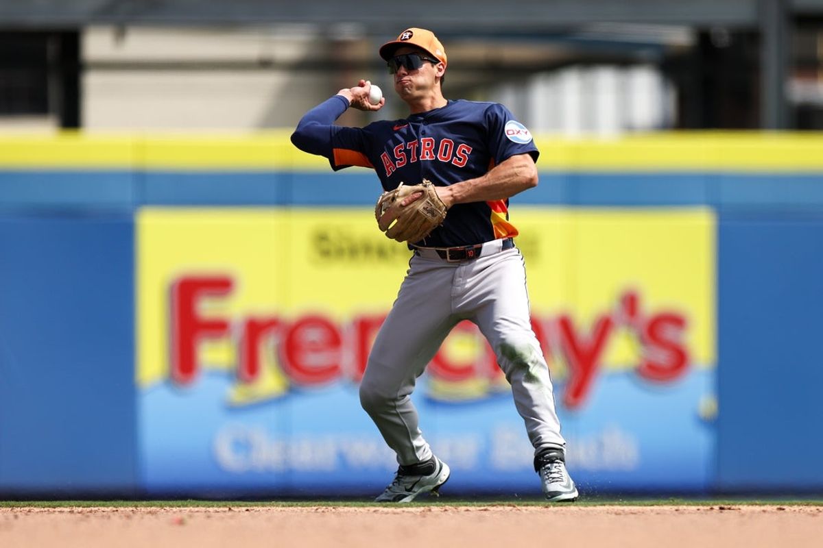 Mar 10, 2025; Dunedin, Florida, USA; Houston Astros infielder Brice Matthews (86) throws to first base against the Toronto Blue Jays in the fifth inning during spring training at TD Ballpark. Mandatory Credit: Nathan Ray Seebeck-Imagn Images