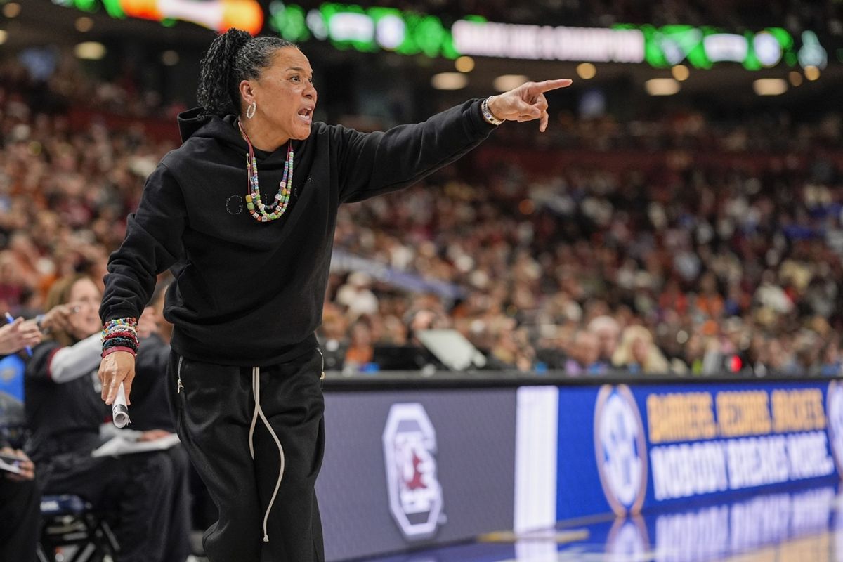 Mar 9, 2025; Greenville, SC, USA; South Carolina Gamecocks head coach Dawn Staley reacts to a call  during the second half against the Texas Longhorns at Bon Secours Wellness Arena. Mandatory Credit: Jim Dedmon-Imagn Images