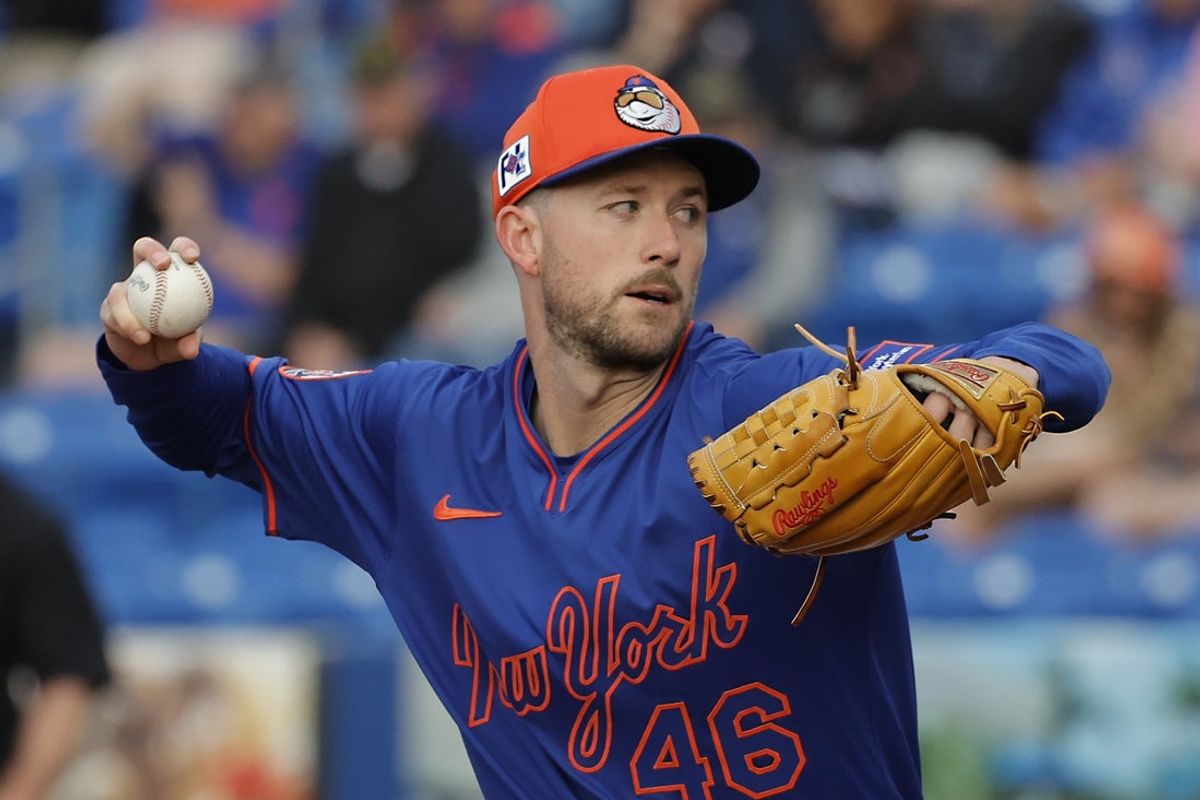 Mar 10, 2025; Port St. Lucie, Florida, USA;  New York Mets pitcher Griffin Canning (46) throws a pitch first inning against the St. Louis Cardinals at Clover Park. Mandatory Credit: Reinhold Matay-Imagn Images