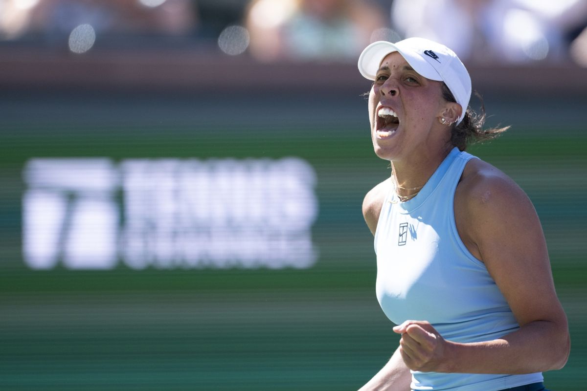 Mar 10, 2025; Indian Wells, CA, USA; Madison Keys (USA) reacts after defeating Elise Mertens (BEL) at Indian Well Tennis Garden. Mandatory Credit: Jonathan Hui-Imagn Images