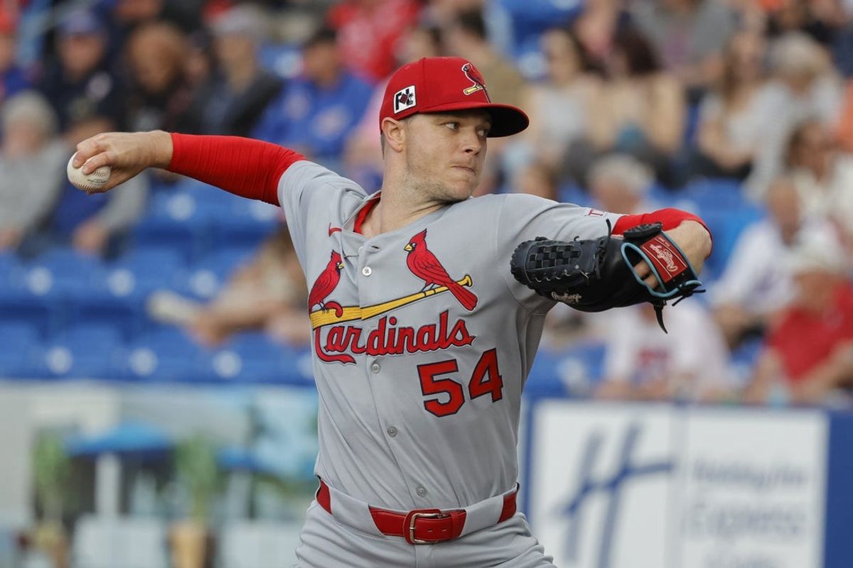 Mar 10, 2025; Port St. Lucie, Florida, USA;  St. Louis Cardinals pitcher Sonny Gray (54) throws a pitch first inning against the New York Mets at Clover Park. Mandatory Credit: Reinhold Matay-Imagn Images