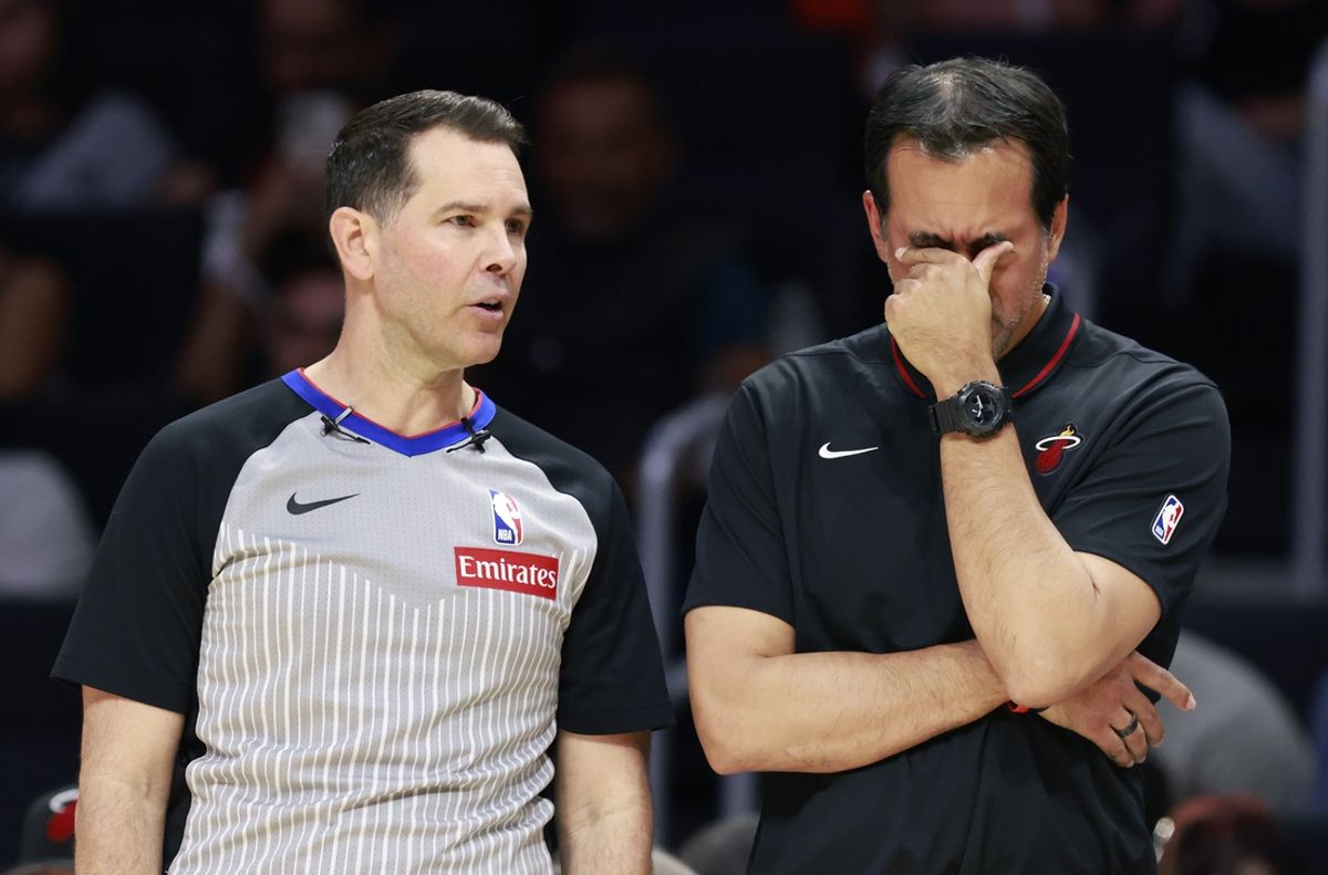 Mar 10, 2025; Miami, Florida, USA;  Miami Heat head coach Erik Spoelstra reacts to referee Brian Forte (45) against the Charlotte Hornets during the second half at Kaseya Center. Mandatory Credit: Rhona Wise-Imagn Images