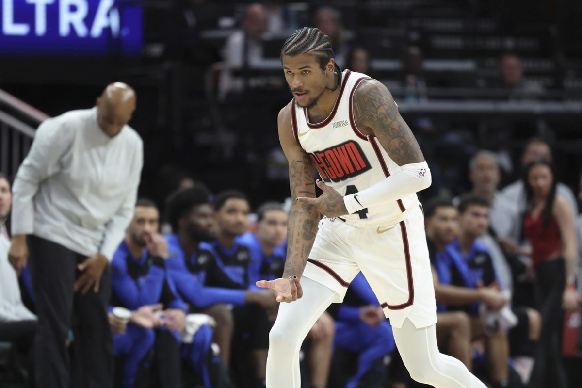 Mar 10, 2025; Houston, Texas, USA; Houston Rockets guard Jalen Green (4) reacts after making a basket during the third quarter against the Orlando Magic at Toyota Center. Mandatory Credit: Troy Taormina-Imagn Images