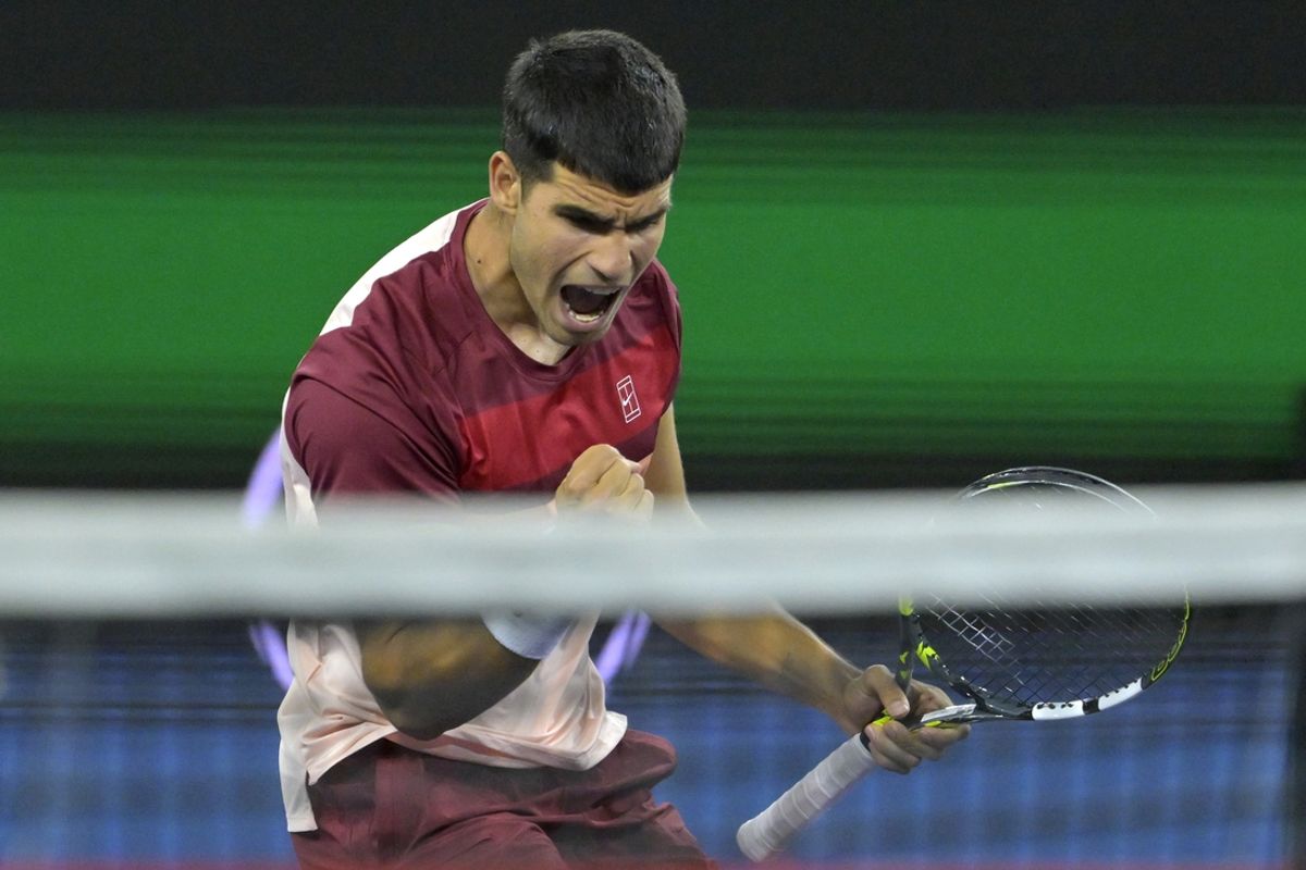 Mar 10, 2025; Indian Wells, CA, USA;  Carlos Alcaraz (ESP) celebrates winning a point as he defeated Denis Shapovalov (not pictured) in his third round match at the BNP Paribas Open at the Indian Well Tennis Garden. Mandatory Credit: Jayne Kamin-Oncea-Imagn Images