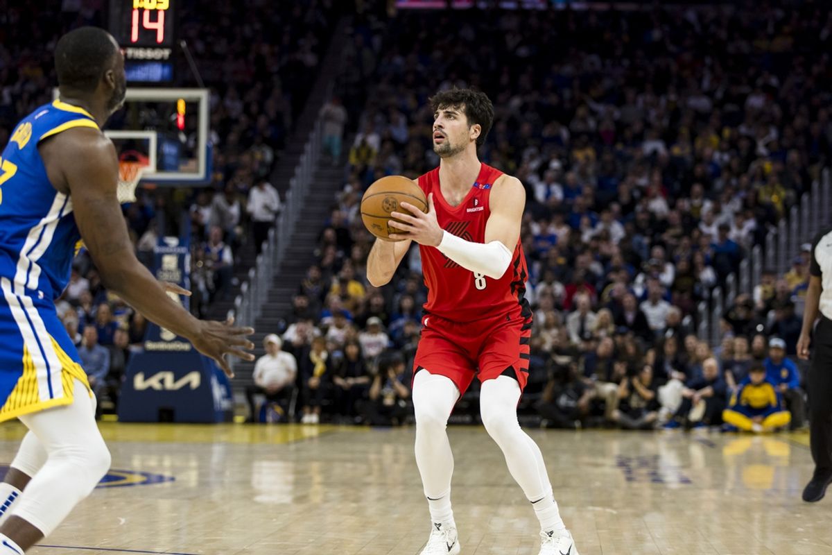 Mar 10, 2025; San Francisco, California, USA; Portland Trail Blazers forward Deni Avdija (8) looks to shoot against the Golden State Warriors during the third quarter at Chase Center. Mandatory Credit: John Hefti-Imagn Images