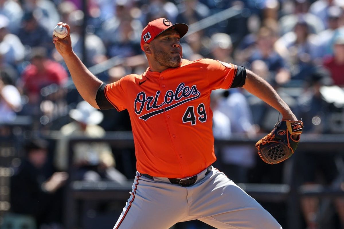 Mar 11, 2025; Tampa, Florida, USA; Baltimore Orioles pitcher Albert Suarez (49) throws a pitch against the New York Yankees in the second inning during spring training at George M. Steinbrenner Field. Mandatory Credit: Nathan Ray Seebeck-Imagn Images