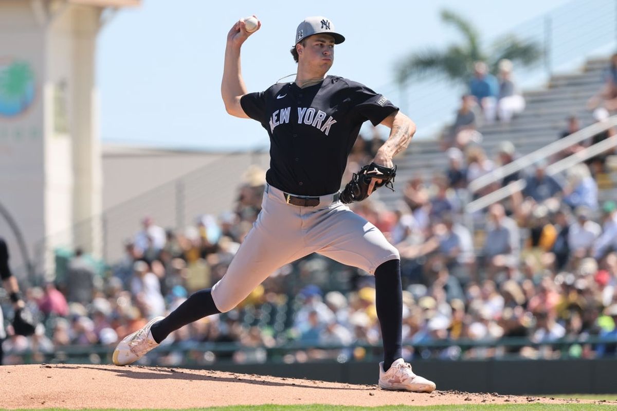 Mar 11, 2025; Bradenton, Florida, USA;  New York Yankees starting pitcher Cam Schlittler (76) throws a pitch during the second inning against the Pittsburgh Pirates at LECOM Park. Mandatory Credit: Kim Klement Neitzel-Imagn Images