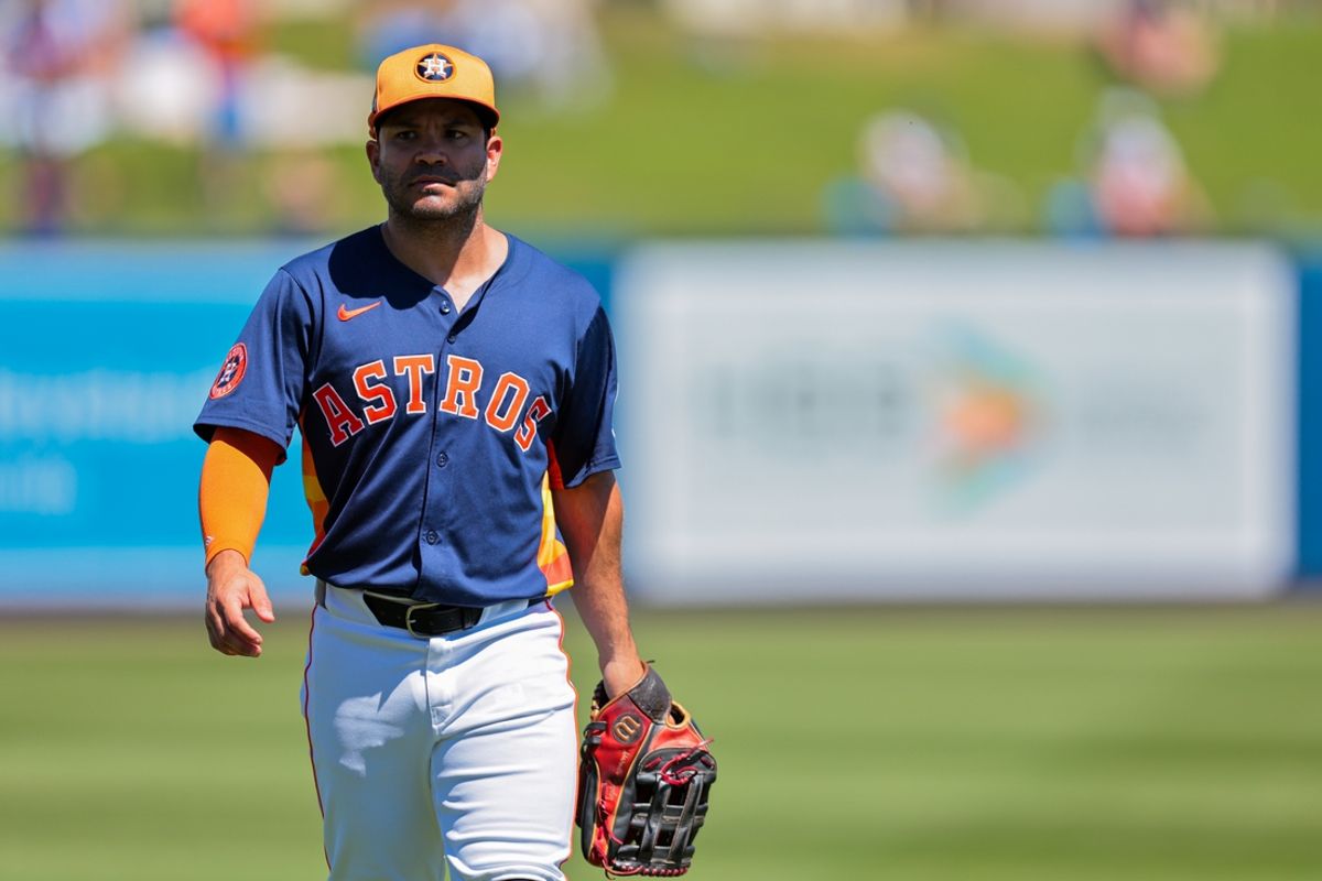 Mar 11, 2025; West Palm Beach, Florida, USA; Houston Astros left fielder Jose Altuve (27) looks on against the New York Mets during the second inning at CACTI Park of the Palm Beaches. Mandatory Credit: Sam Navarro-Imagn Images