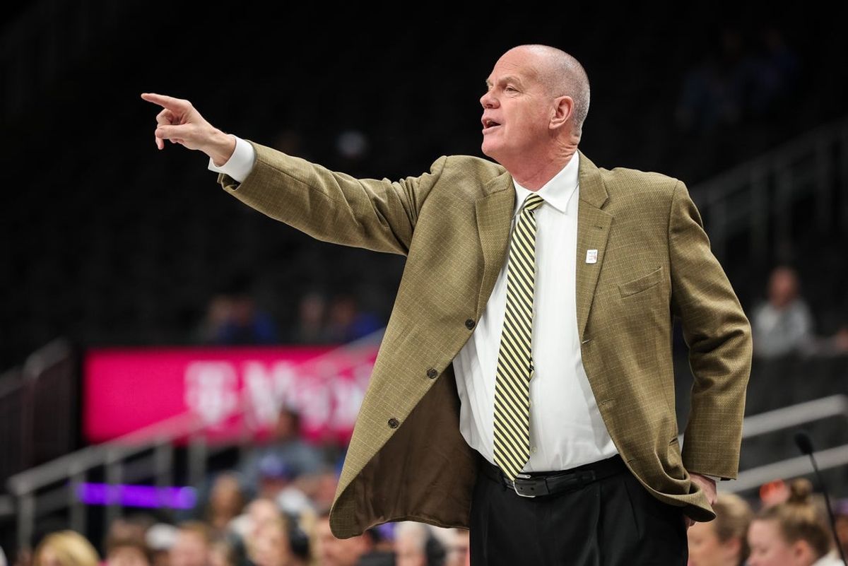 Mar 11, 2025; Kansas City, MO, USA; Colorado Buffaloes coach Tad Boyle reacts to game play during the first half against the TCU Horned Frogs at T-Mobile Center. Mandatory Credit: William Purnell-Imagn Images