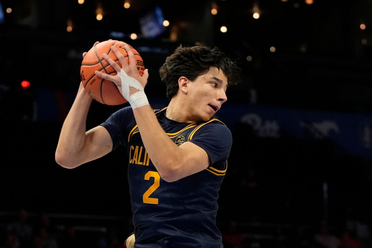Mar 11, 2025; Charlotte, NC, USA; California Golden Bears guard Andrej Stojakovic (2) grabs a rebound in the first half at Spectrum Center. Mandatory Credit: Bob Donnan-Imagn Images
