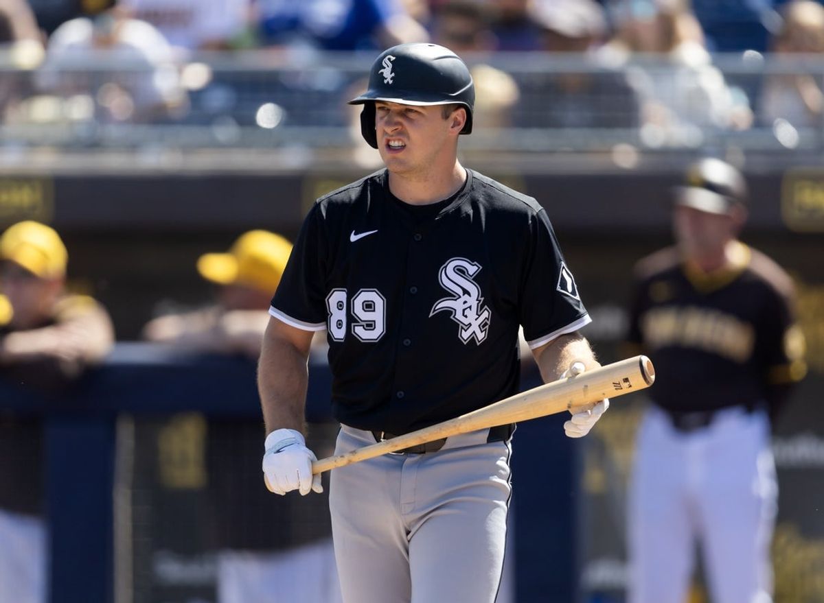 Mar 11, 2025; Peoria, Arizona, USA; Chicago White Sox catcher Kyle Teel against the San Diego Padres during a spring training game at Peoria Sports Complex. Mandatory Credit: Mark J. Rebilas-Imagn Images