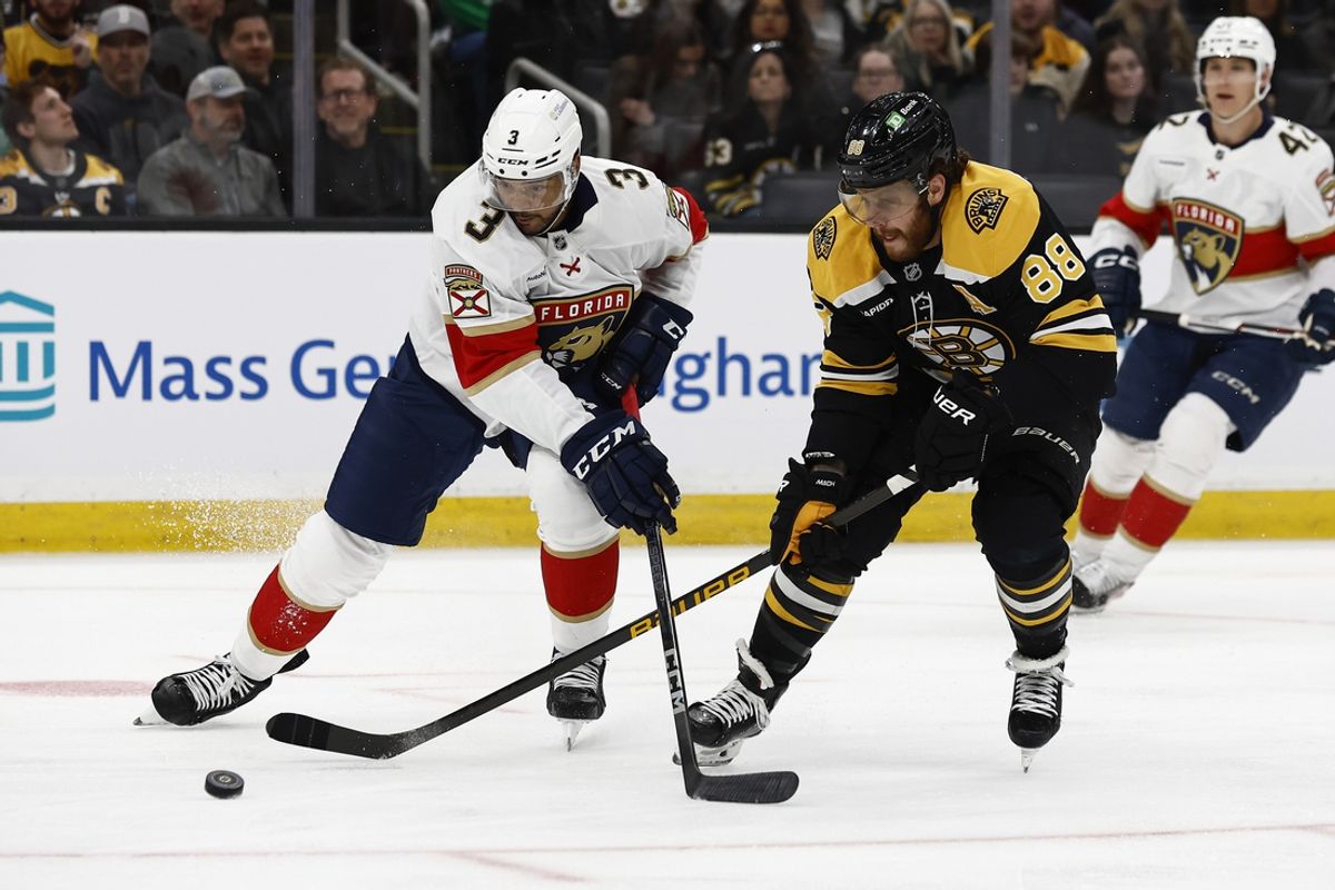 Mar 11, 2025; Boston, Massachusetts, USA; Florida Panthers defenseman Seth Jones (3) tries to keep Boston Bruins right wing David Pastrnak (88) from the puck during the first period at TD Garden. Mandatory Credit: Winslow Townson-Imagn Images