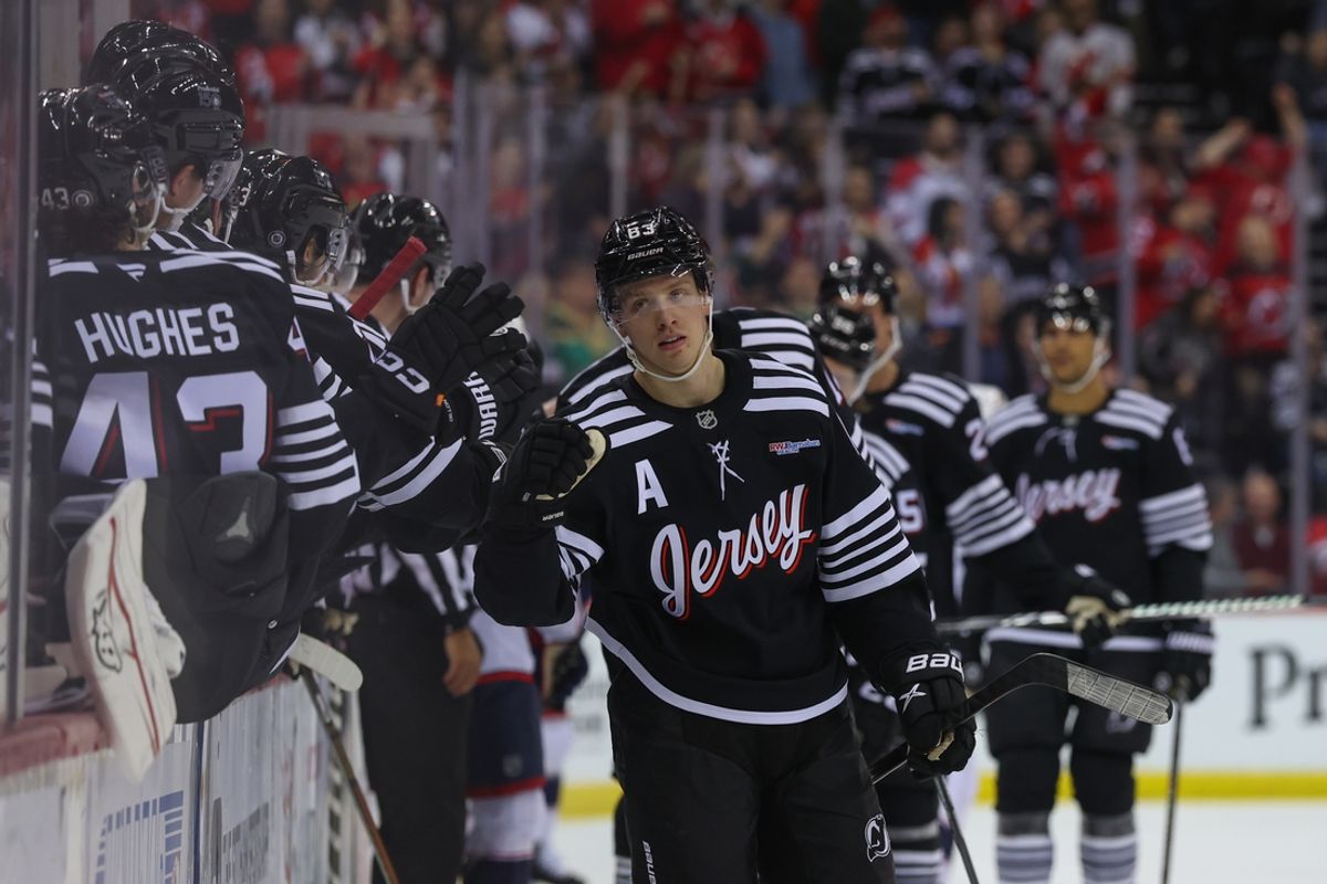 Mar 11, 2025; Newark, New Jersey, USA; New Jersey Devils left wing Jesper Bratt (63) celebrates a goal against the Columbus Blue Jackets during the first period at Prudential Center. Mandatory Credit: Ed Mulholland-Imagn Images