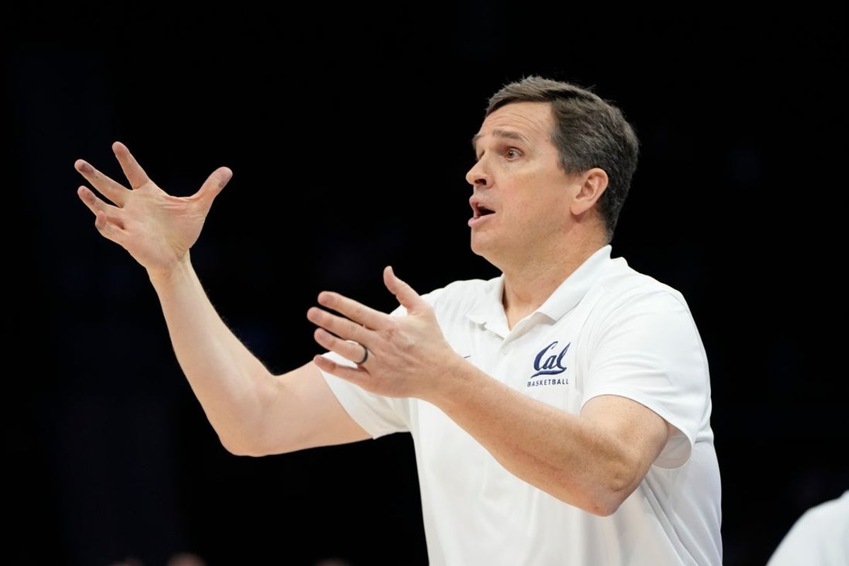 Mar 11, 2025; Charlotte, NC, USA; California Golden Bears head coach Mark Madsen reacts in overtime at Spectrum Center. Mandatory Credit: Bob Donnan-Imagn Images