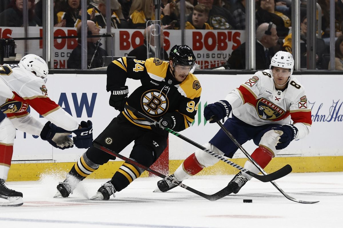 Mar 11, 2025; Boston, Massachusetts, USA; Boston Bruins center Jakub Lauko (94) cuts past Florida Panthers center Nico Sturm (8) during the second period at TD Garden. Mandatory Credit: Winslow Townson-Imagn Images