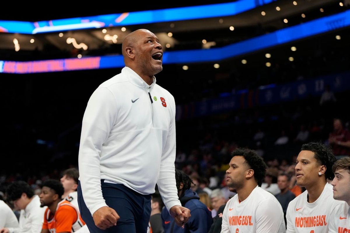 Mar 11, 2025; Charlotte, NC, USA; Syracuse Orange head coach Adrian Autry reacts in the first half at Spectrum Center. Mandatory Credit: Bob Donnan-Imagn Images