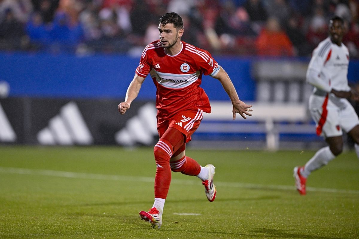Mar 8, 2025; Frisco, Texas, USA; Chicago Fire forward Hugo Cuypers (9) in action during the game between FC Dallas and Chicago Fire at Toyota Stadium. Mandatory Credit: Jerome Miron-Imagn Images