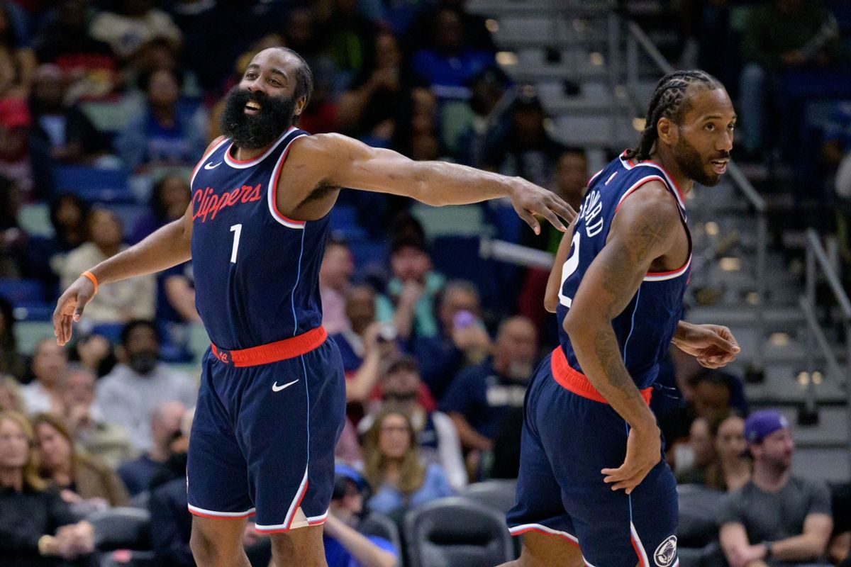 Mar 11, 2025; New Orleans, Louisiana, USA; Los Angeles Clippers forward Kawhi Leonard (2) and Los Angeles Clippers guard James Harden (1) react  during the second half against the New Orleans Pelicans at Smoothie King Center. Mandatory Credit: Matthew Hinton-Imagn Images