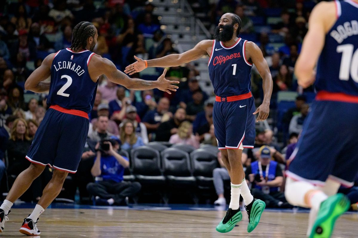 Mar 11, 2025; New Orleans, Louisiana, USA; Los Angeles Clippers forward Kawhi Leonard (2) and Los Angeles Clippers guard James Harden (1) react  during the second half against the New Orleans Pelicans at Smoothie King Center. Mandatory Credit: Matthew Hinton-Imagn Images