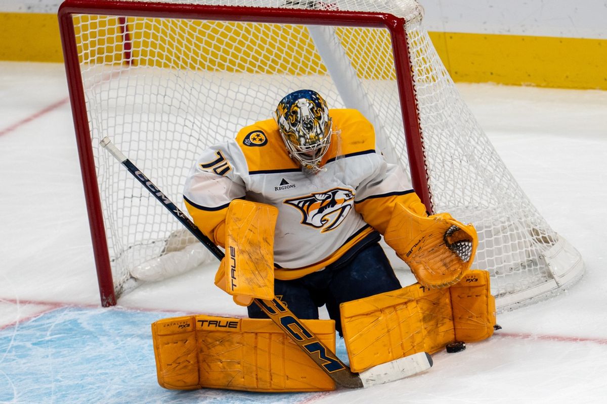 Mar 11, 2025; San Jose, California, USA; Nashville Predators goaltender Juuse Saros (74) makes another save during the third period against the San Jose Sharks at SAP Center at San Jose. Mandatory Credit: Neville E. Guard-Imagn Images