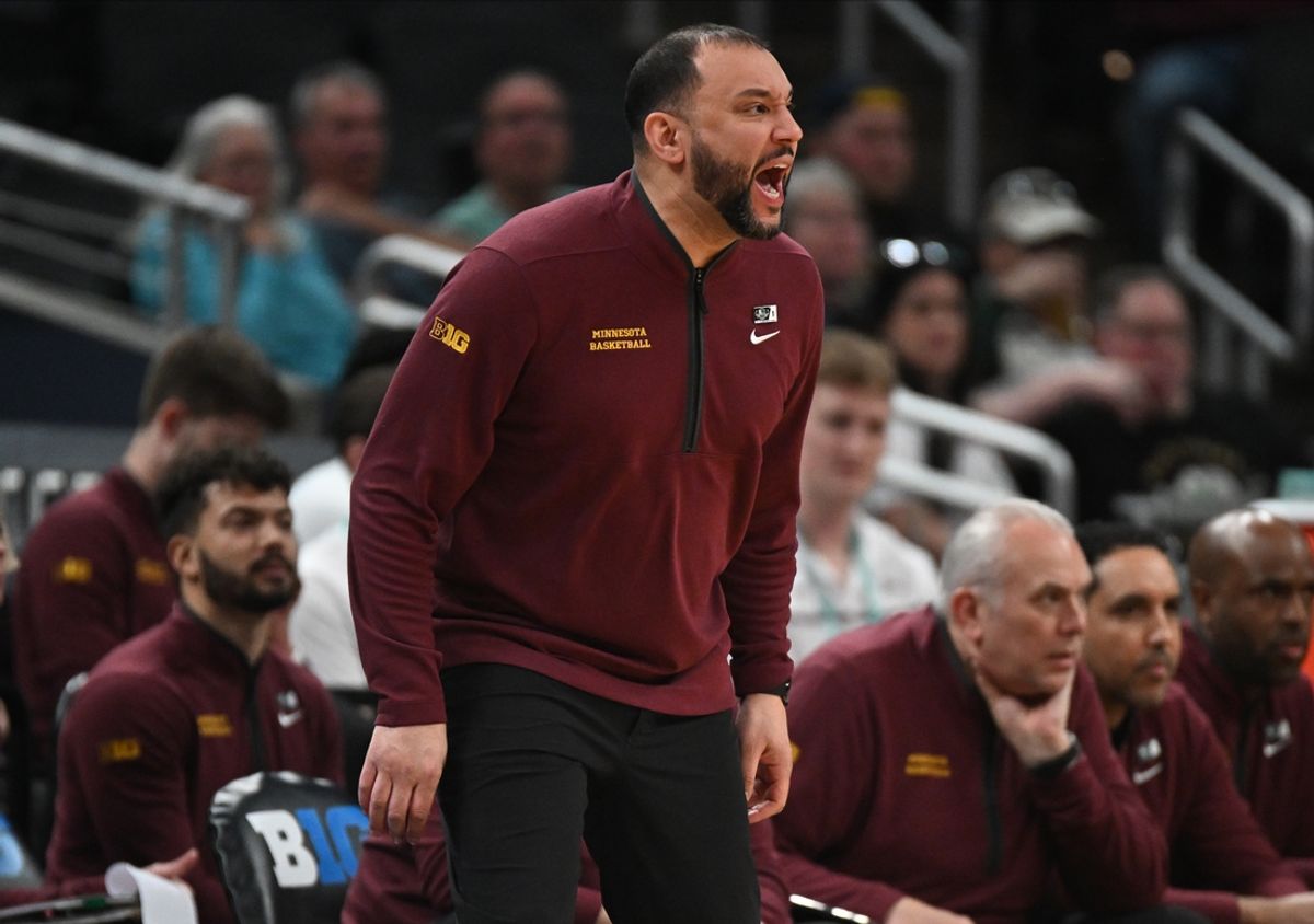 Mar 12, 2025; Indianapolis, IN, USA; Minnesota Golden Gophers head coach Ben Johnson during the first half against the Northwestern Wildcats at Gainbridge Fieldhouse. Mandatory Credit: Robert Goddin-Imagn Images