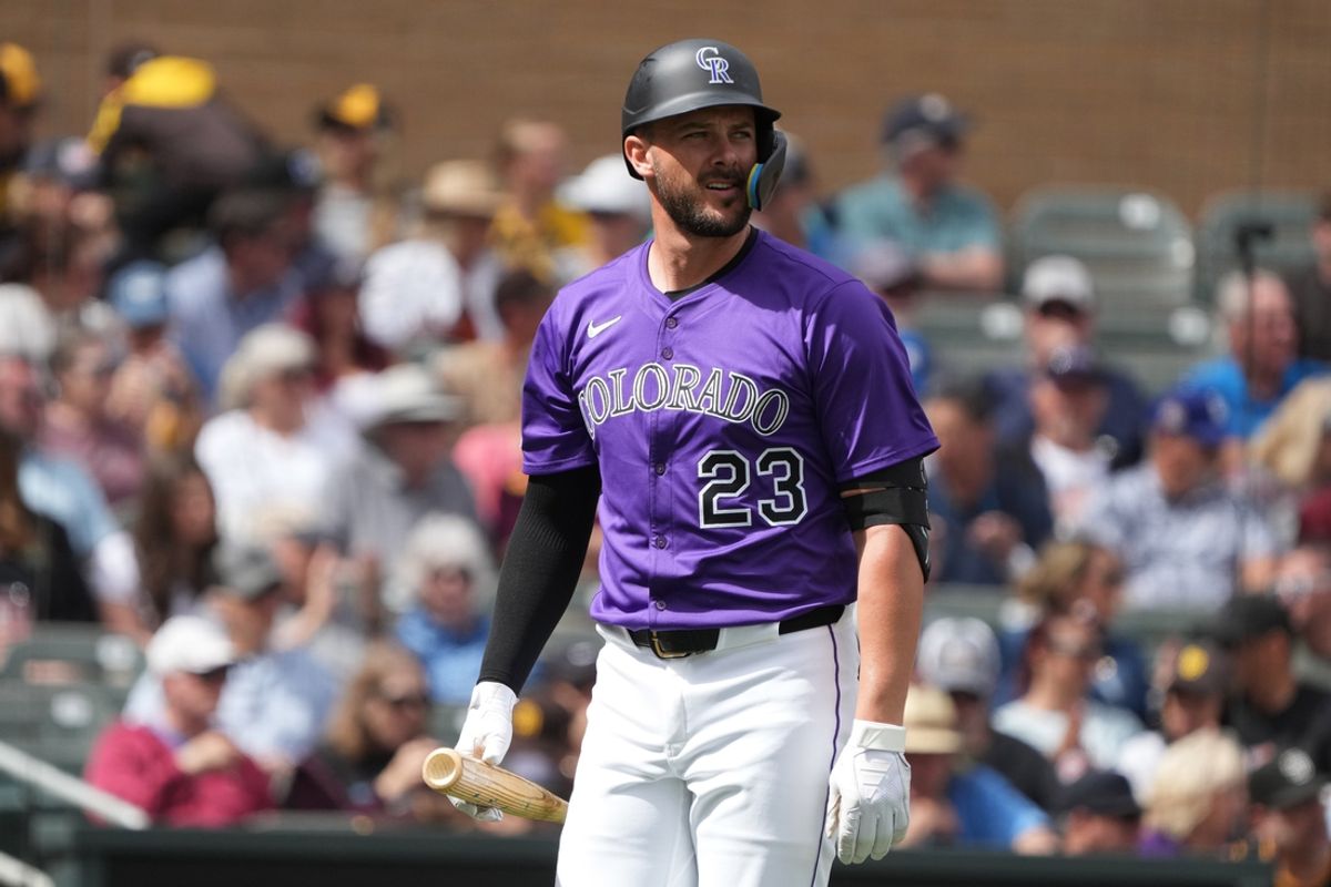 Mar 12, 2025; Salt River Pima-Maricopa, Arizona, USA; Colorado Rockies outfielder Kris Bryant (23) gets ready to hit against the San Diego Padres in the first inning at Salt River Fields at Talking Stick. Mandatory Credit: Rick Scuteri-Imagn Images