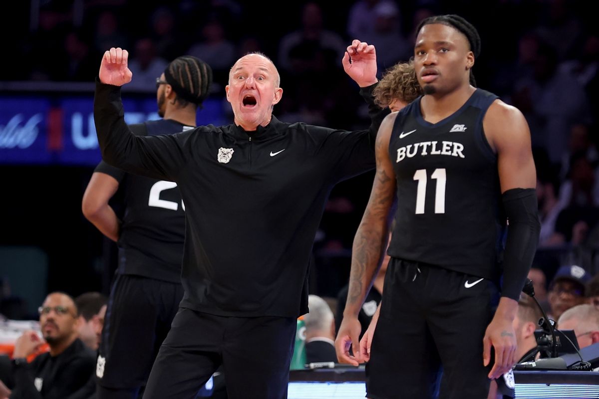 Mar 12, 2025; New York, NY, USA; Butler Bulldogs head coach Thad Matta coaches against the Providence Friars during the second half at Madison Square Garden. Mandatory Credit: Brad Penner-Imagn Images