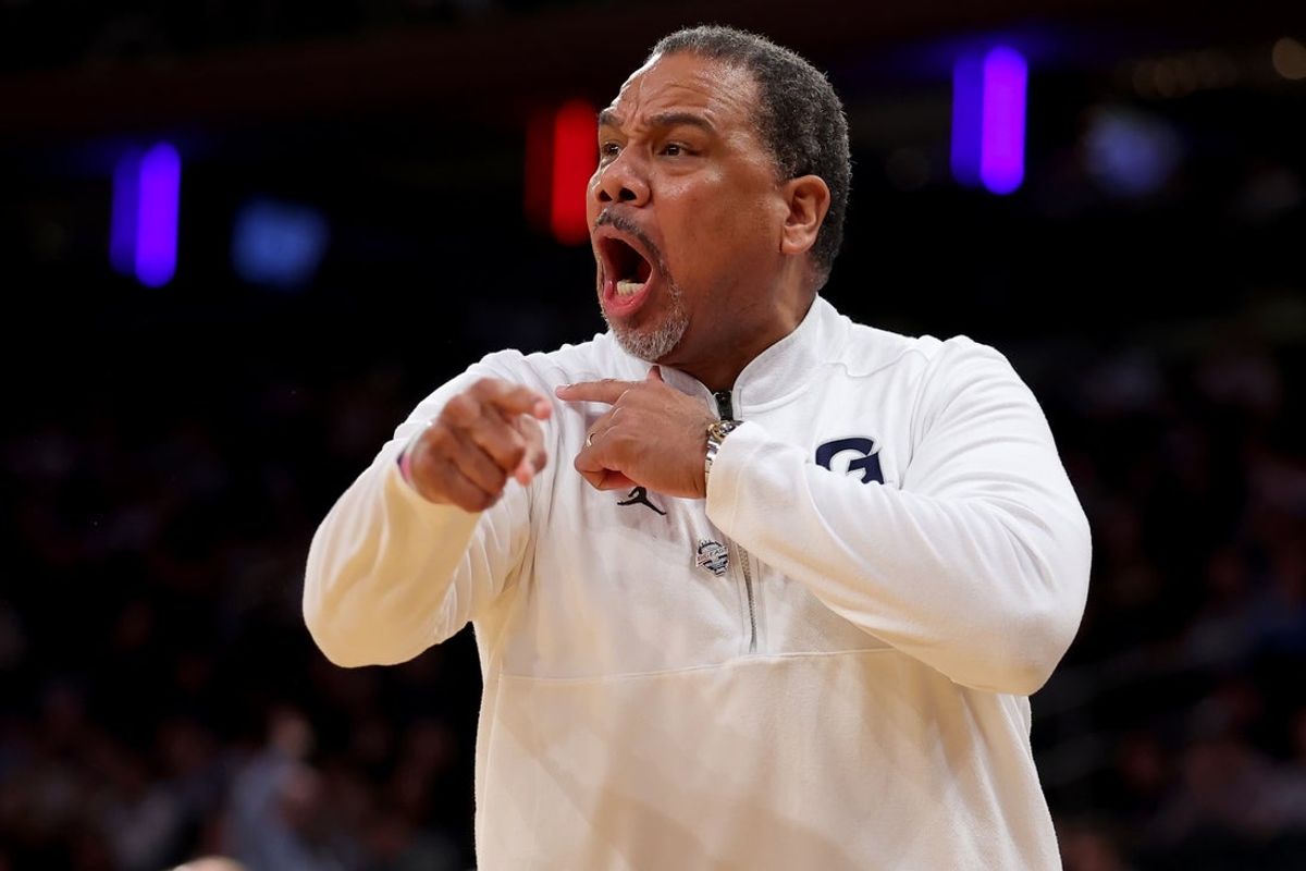 Mar 12, 2025; New York, NY, USA; Georgetown Hoyas head coach Ed Cooley coaches against the DePaul Blue Demons during the first half at Madison Square Garden. Mandatory Credit: Brad Penner-Imagn Images