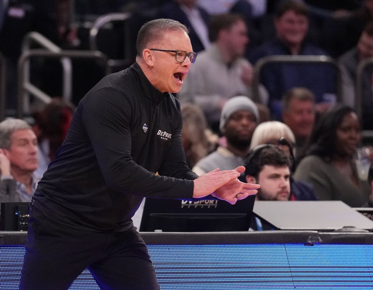 Mar 12, 2025; New York, NY, USA;  DePaul Blue Demons head coach Chris Holtmann reacts during the first half against the Georgetown Hoyas at Madison Square Garden. Mandatory Credit: Robert Deutsch-Imagn Images