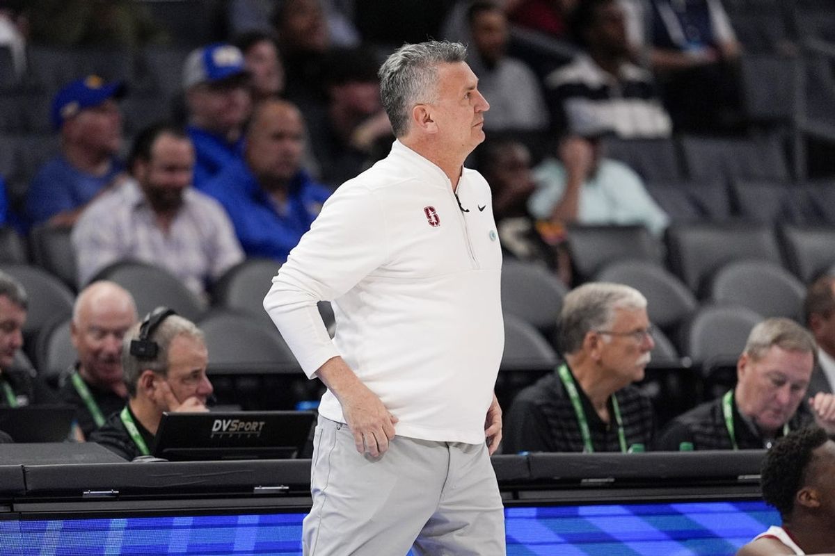 Mar 12, 2025; Charlotte, NC, USA; Stanford Cardinal head coach Kyle Smith during the first half against the California Golden Bears at Spectrum Center. Mandatory Credit: Jim Dedmon-Imagn Images