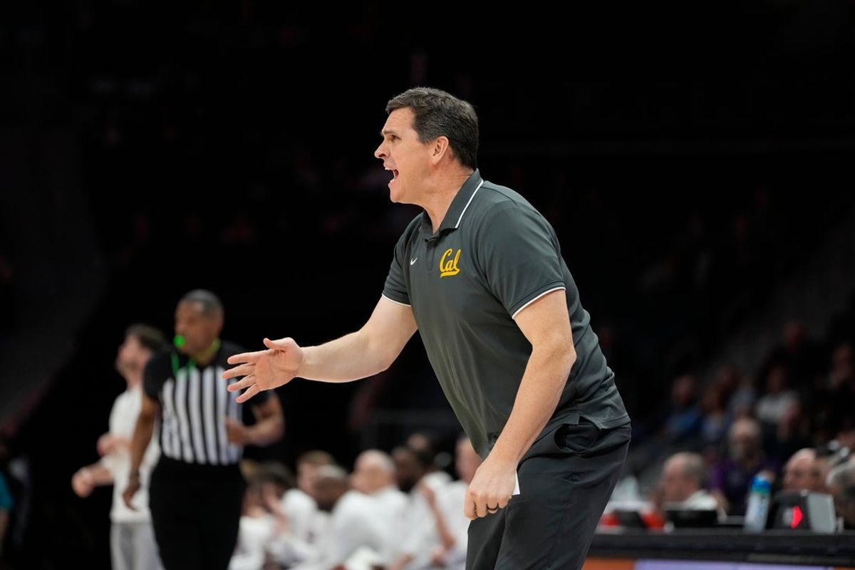Mar 12, 2025; Charlotte, NC, USA; California Golden Bears head coach Mark Madsen reacts in the first half at Spectrum Center. Mandatory Credit: Bob Donnan-Imagn Images