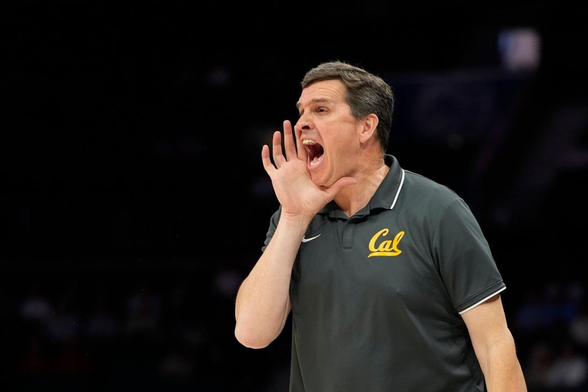 Mar 12, 2025; Charlotte, NC, USA; California Golden Bears head coach Mark Madsen reacts in the first half at Spectrum Center. Mandatory Credit: Bob Donnan-Imagn Images