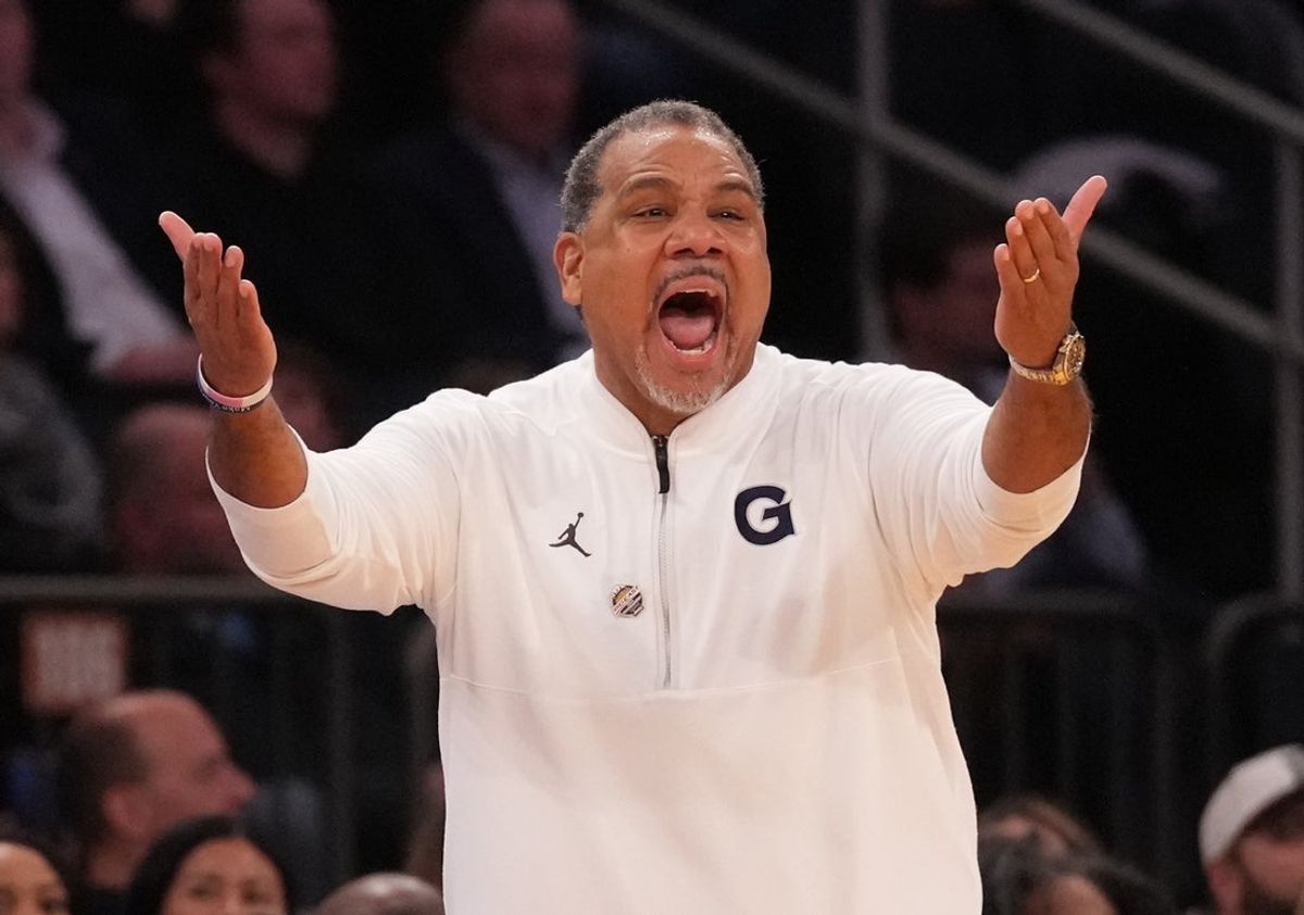 Mar 12, 2025; New York, NY, USA;  Georgetown Hoyas head coach Ed Cooley reacts during the second half against the DePaul Blue Demons at Madison Square Garden. Mandatory Credit: Robert Deutsch-Imagn Images