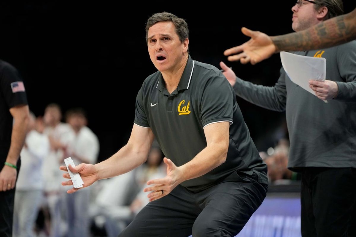 Mar 12, 2025; Charlotte, NC, USA; California Golden Bears head coach Mark Madsen reacts in the second half at Spectrum Center. Mandatory Credit: Bob Donnan-Imagn Images