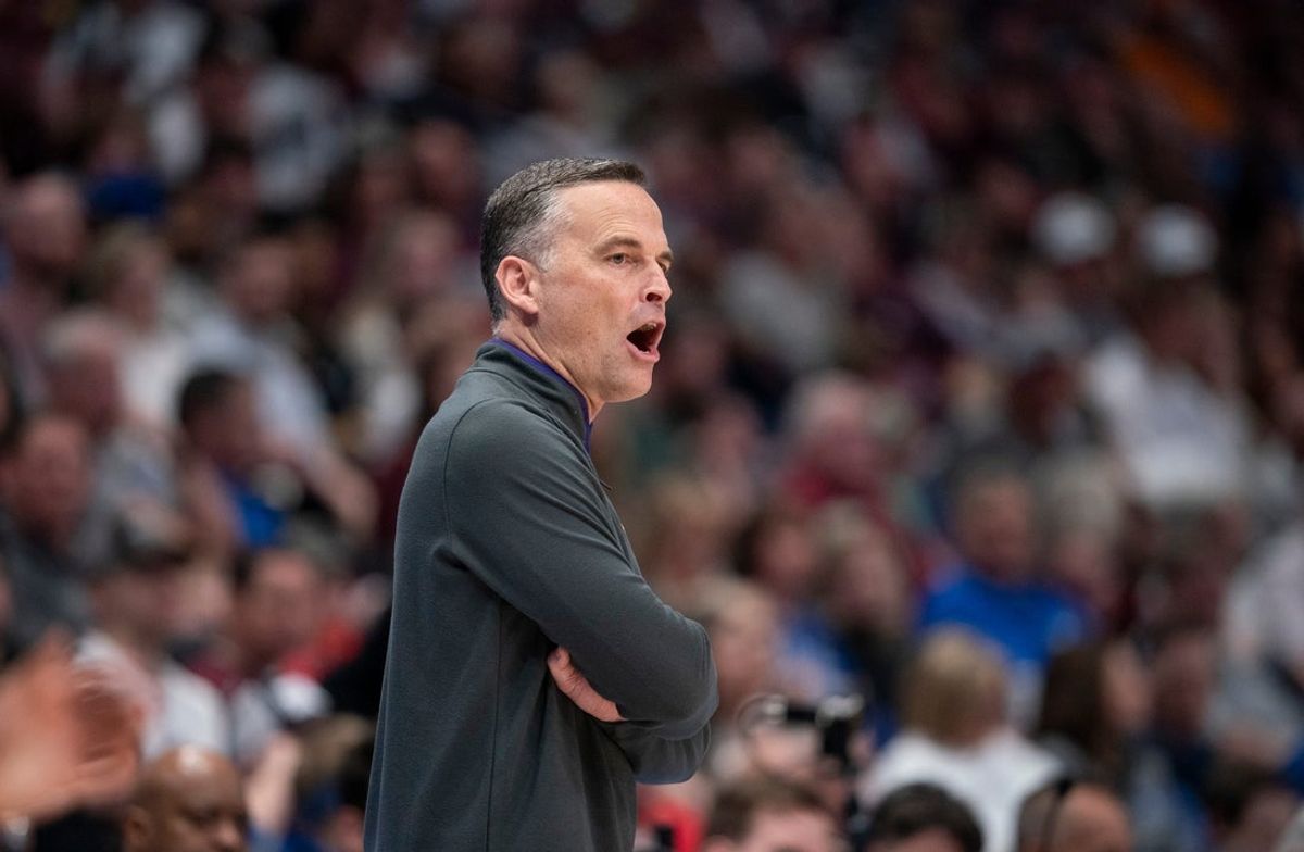 LSU Tigers Head Coach Matt McMahon works the sideline against the Mississippi State Bulldogs during their first round game of the SEC Men's Basketball Tournament at Bridgestone Arena in Nashville, Tenn., Wednesday, March 12, 2025.