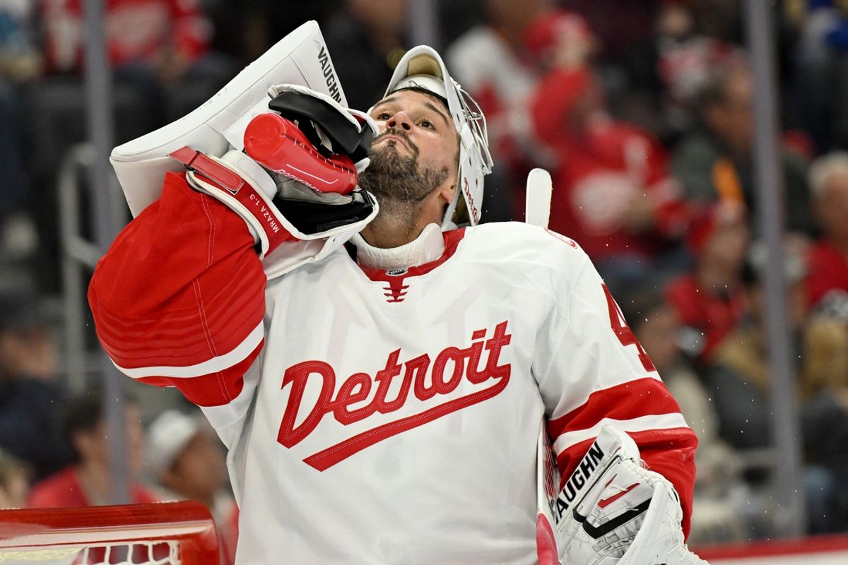 Mar 12, 2025; Detroit, Michigan, USA; Detroit Red Wings goaltender Petr Mrazek (43) cools off during a timeout against the Buffalo Sabres in the third period at Little Caesars Arena. Mandatory Credit: Lon Horwedel-Imagn Images