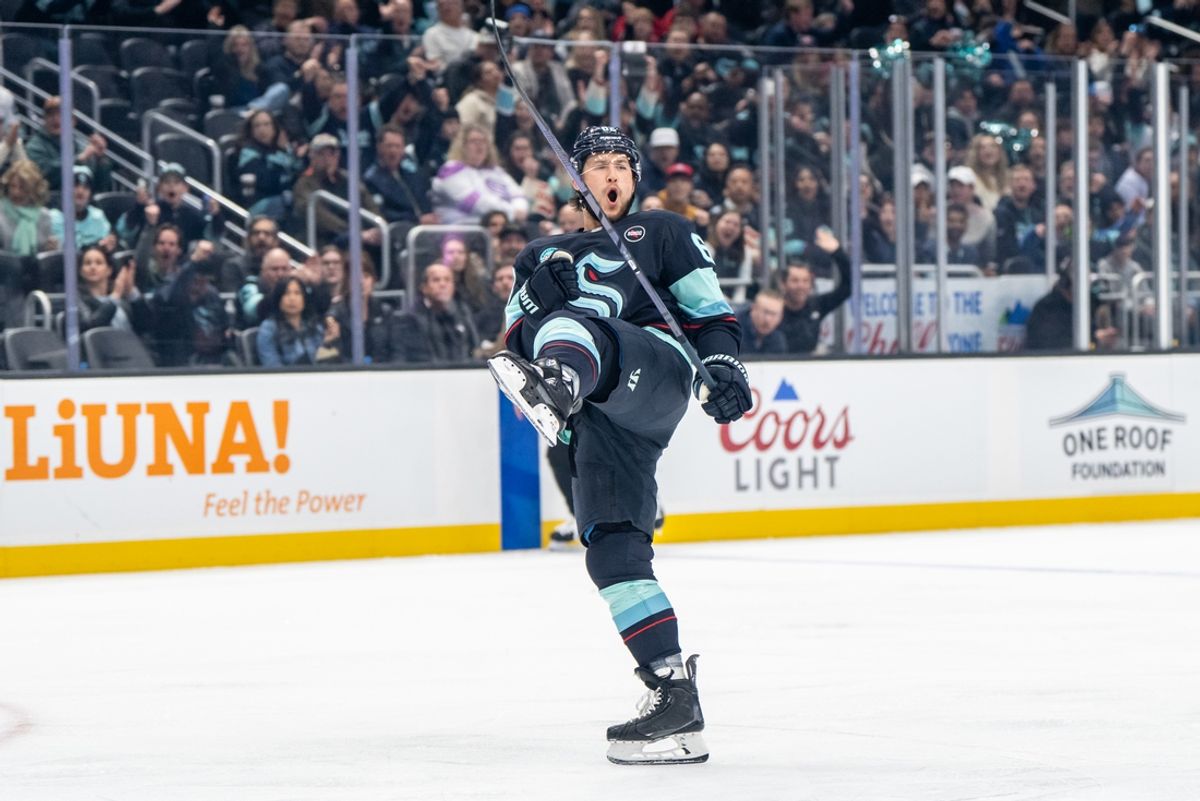 Mar 12, 2025; Seattle, Washington, USA;  Seattle Kraken defenseman Brandon Montour (62) celebrates scoring a goal against the Montreal Canadiens during the first periodat Climate Pledge Arena. Mandatory Credit: Stephen Brashear-Imagn Images