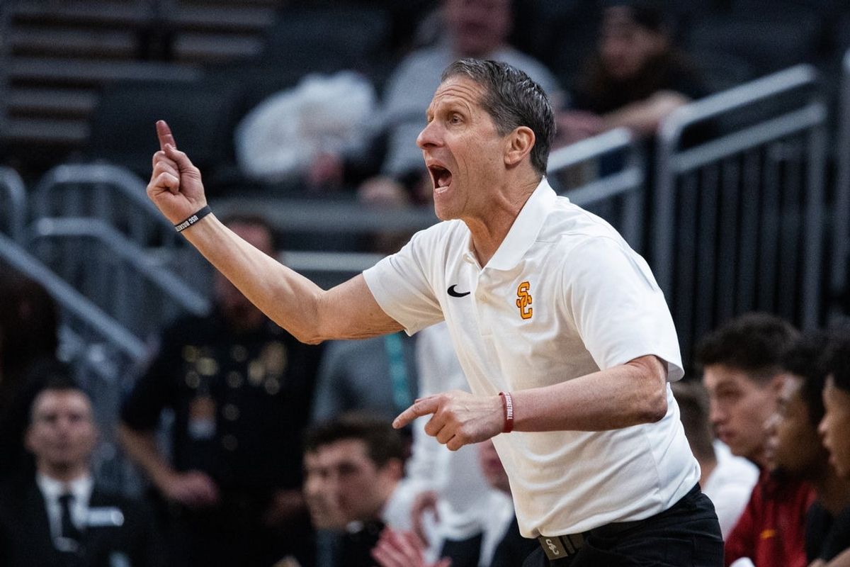 Mar 12, 2025; Indianapolis, IN, USA;  USC Trojans head coach Eric Musselman in the second half against the Rutgers Scarlet Knights at Gainbridge Fieldhouse. Mandatory Credit: Trevor Ruszkowski-Imagn Images
