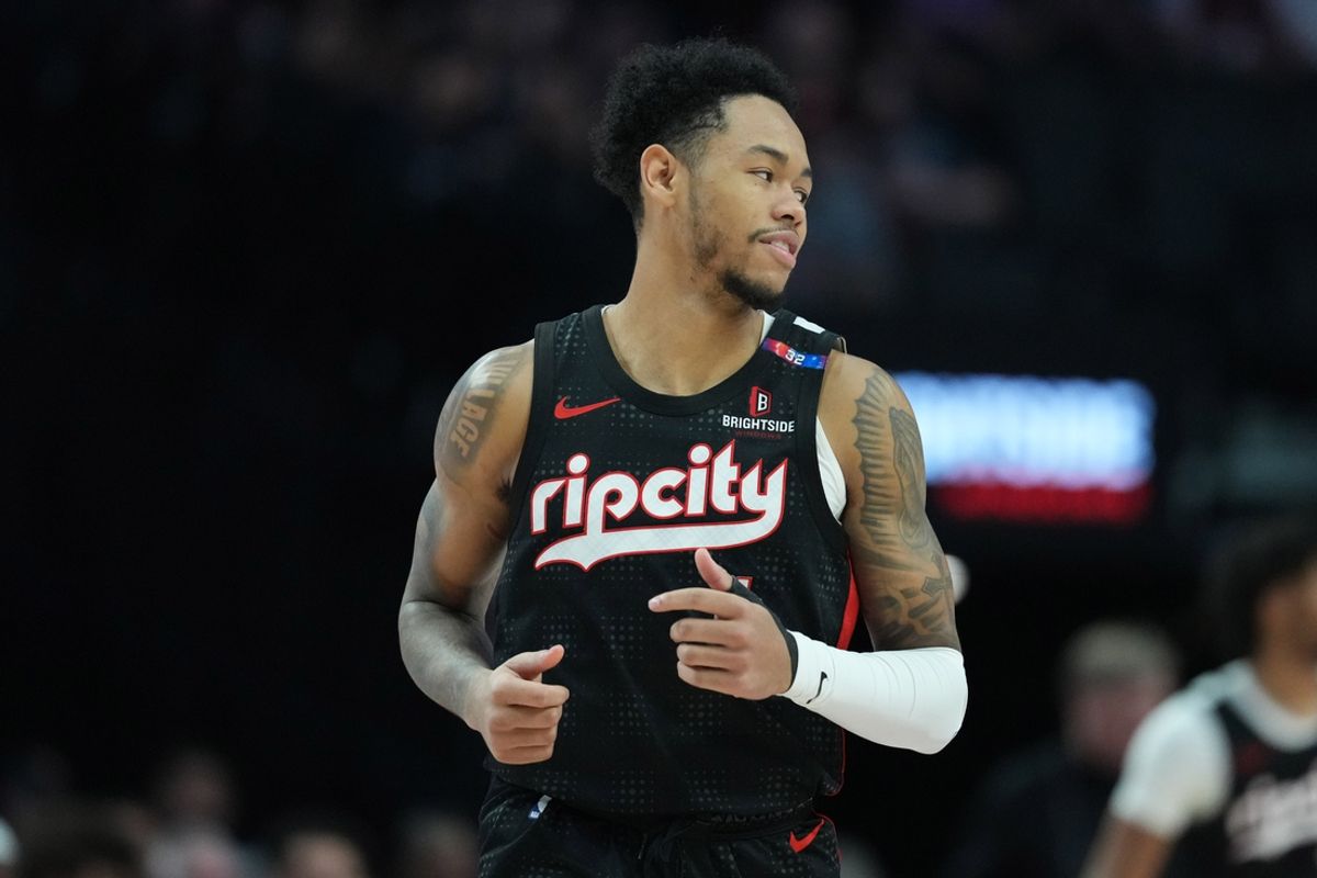 Mar 12, 2025; Portland, Oregon, USA; Portland Trail Blazers shooting guard Anfernee Simons (1) celebrates after making a three point shot during the second half against the New York Knicks at Moda Center. Mandatory Credit: Soobum Im-Imagn Images
