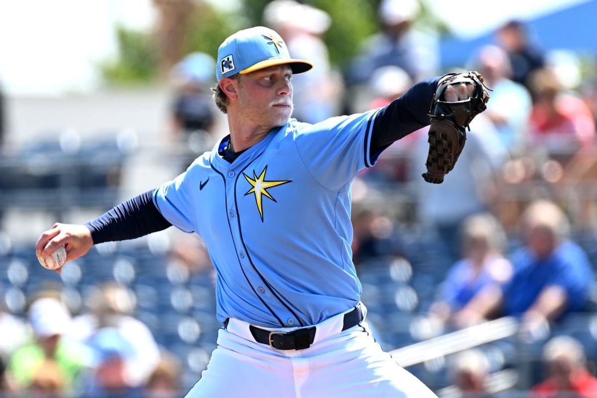 Mar 13, 2025; Port Charlotte, Florida, USA; Tampa Bays Rays starting pitcher Shane Baz (11) throws a pitch in the first inning against the Washington Nationals during spring training at Charlotte Sports Park. Mandatory Credit: Jonathan Dyer-Imagn Images