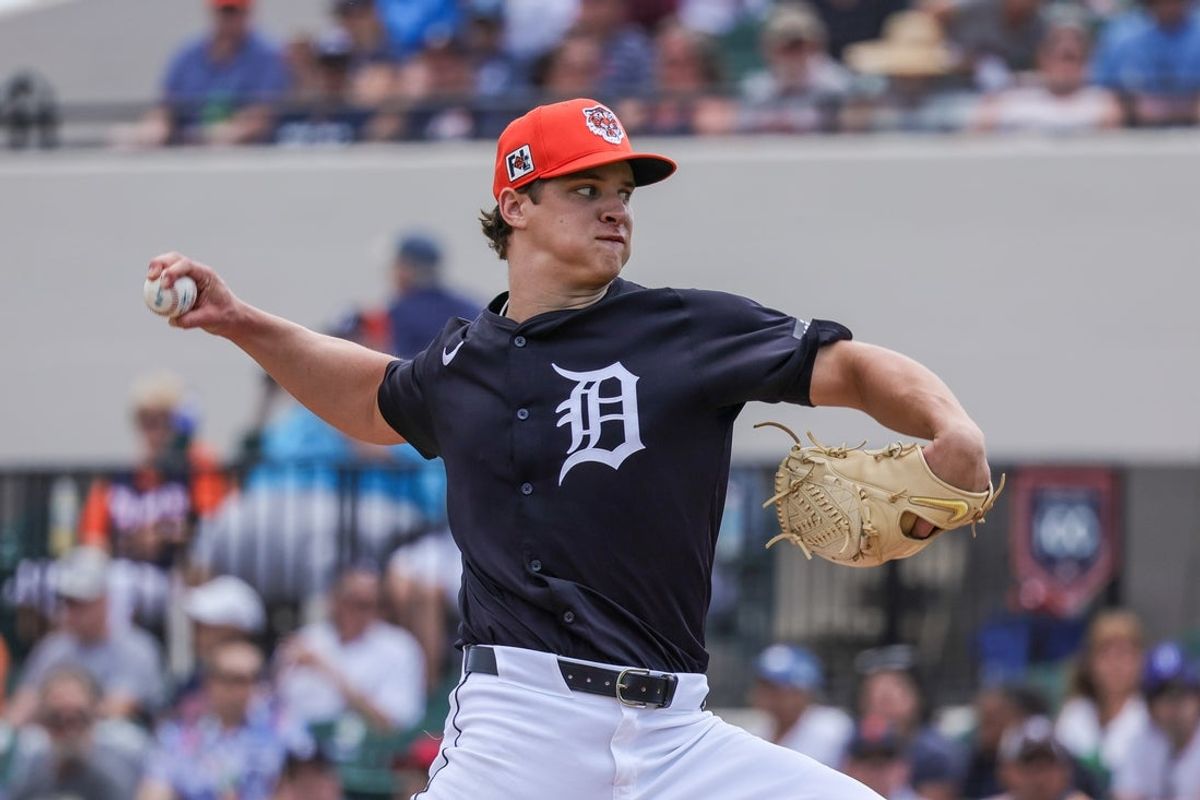 Mar 13, 2025; Lakeland, Florida, USA; Detroit Tigers pitcher Jackson Jobe (21) pitches during the first inning against the New York Yankees at Publix Field at Joker Marchant Stadium. Mandatory Credit: Mike Watters-Imagn Images